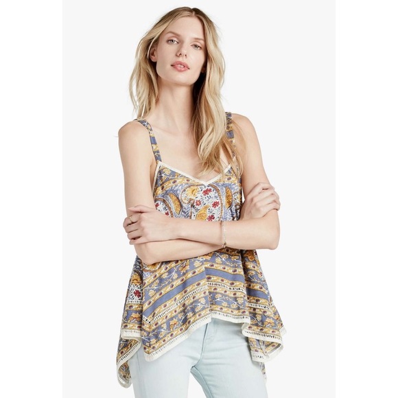 Lucky Brand Allover Print Handkerchief Hem Woodblock Sleeveless Top - Picture 2 of 8